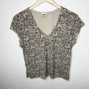 Y2K Old Navy Mesh Short Sleeve T-Shirt Lettuce Hem V-neck Womens XL Floral Print
